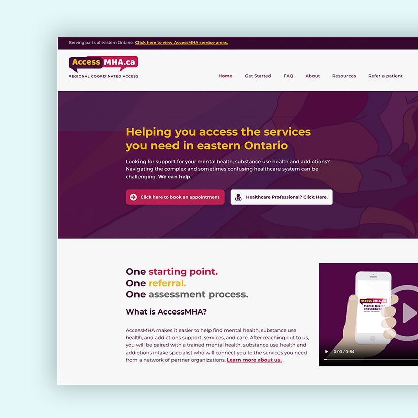 Website homepage for Access MHA in eastern Ontario. Purple and white color scheme, with call to action buttons and a video.