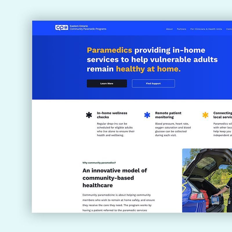 Website promoting in-home paramedic services for vulnerable adults, featuring text and images.