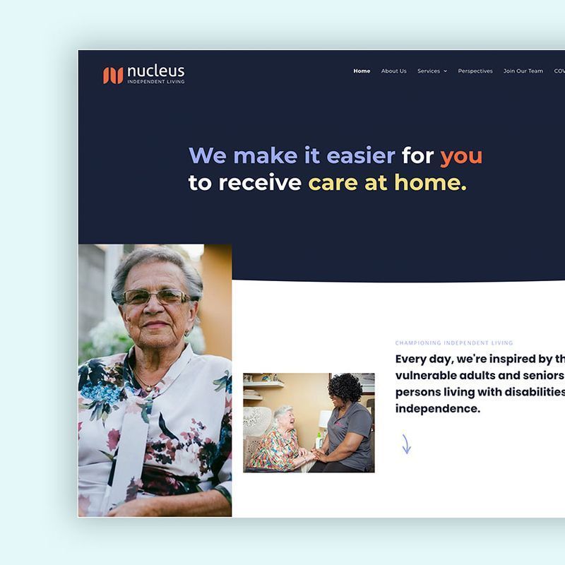 Website promoting at-home care with elderly woman, text 