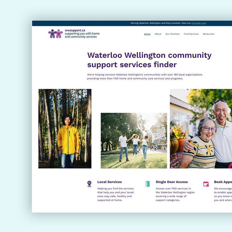 Website homepage: Waterloo Wellington community support services finder; photos of people, icons.