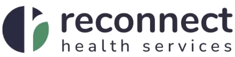 Logo for Reconnect Health Services. Dark blue and green circle with the words 