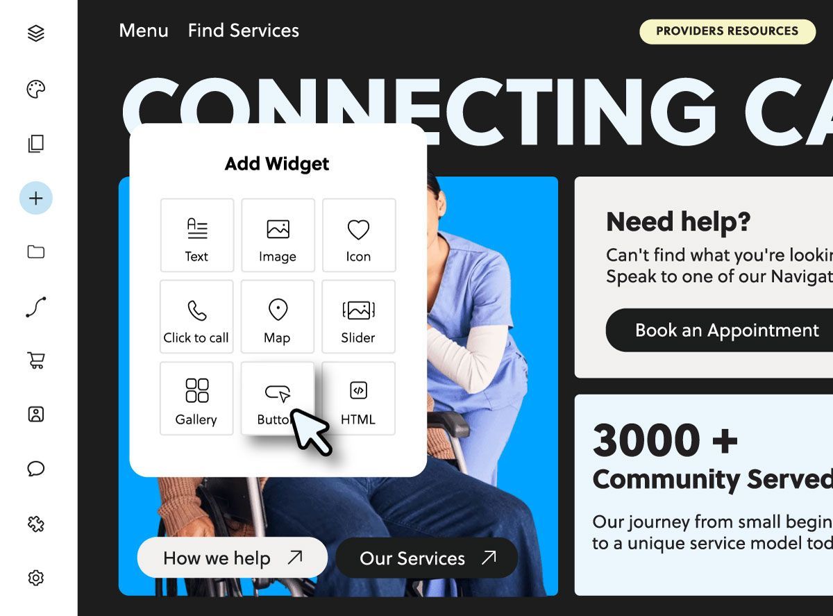 Website editor, adding a widget. Options: Text, image, icon, shape, social, map, video, and HTML.