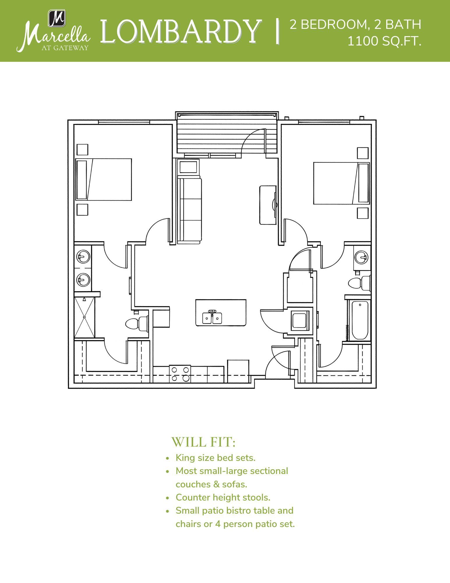 Lombardy 2 bedroom 2 bath apartment 2D floor plan at Marcella at Gateway Apartments in Richmond, VA
