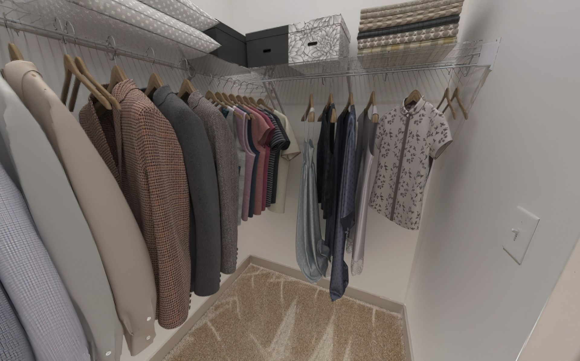A walk in closet filled with clothes and a rug.