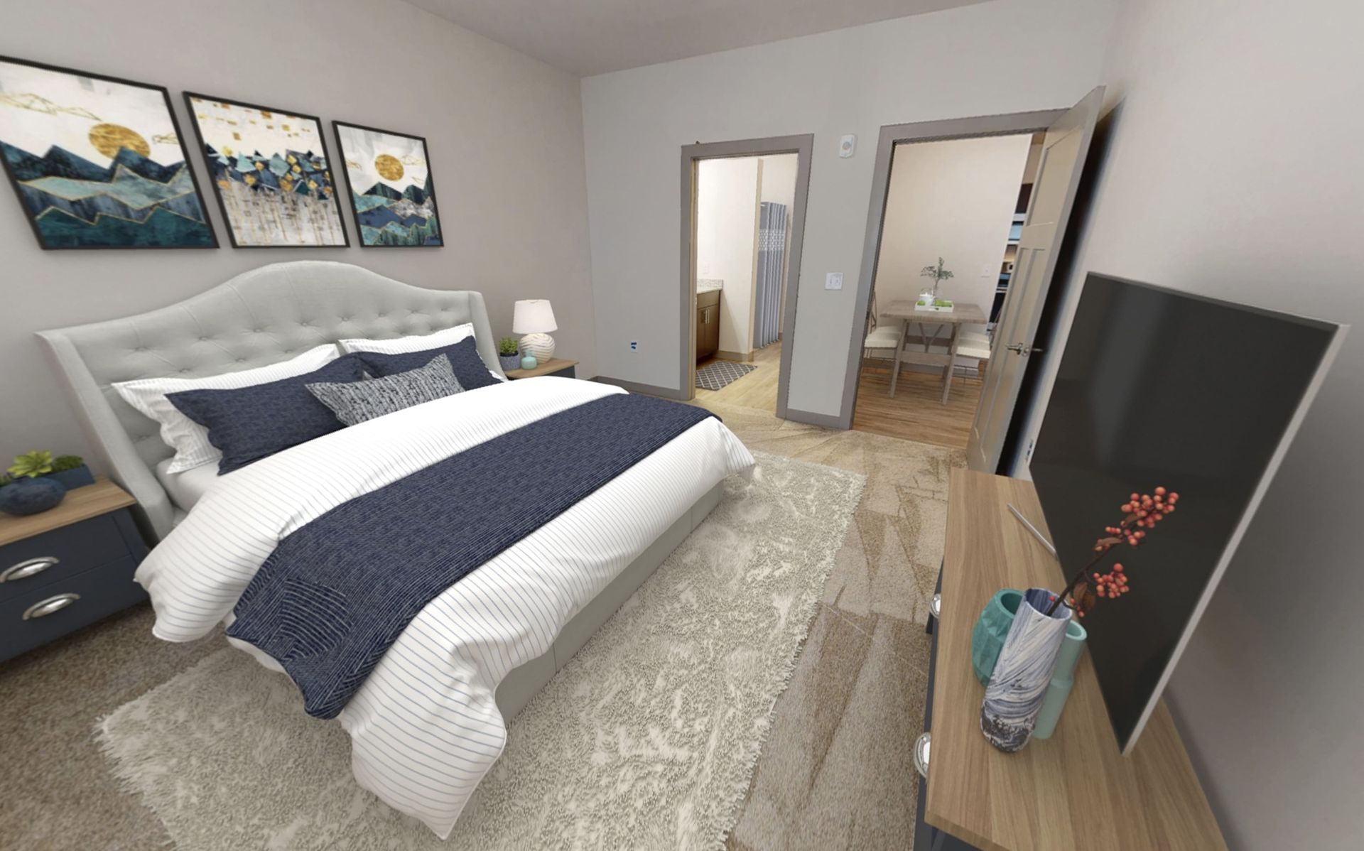 An artist 's impression of a bedroom with a bed , television and nightstand.