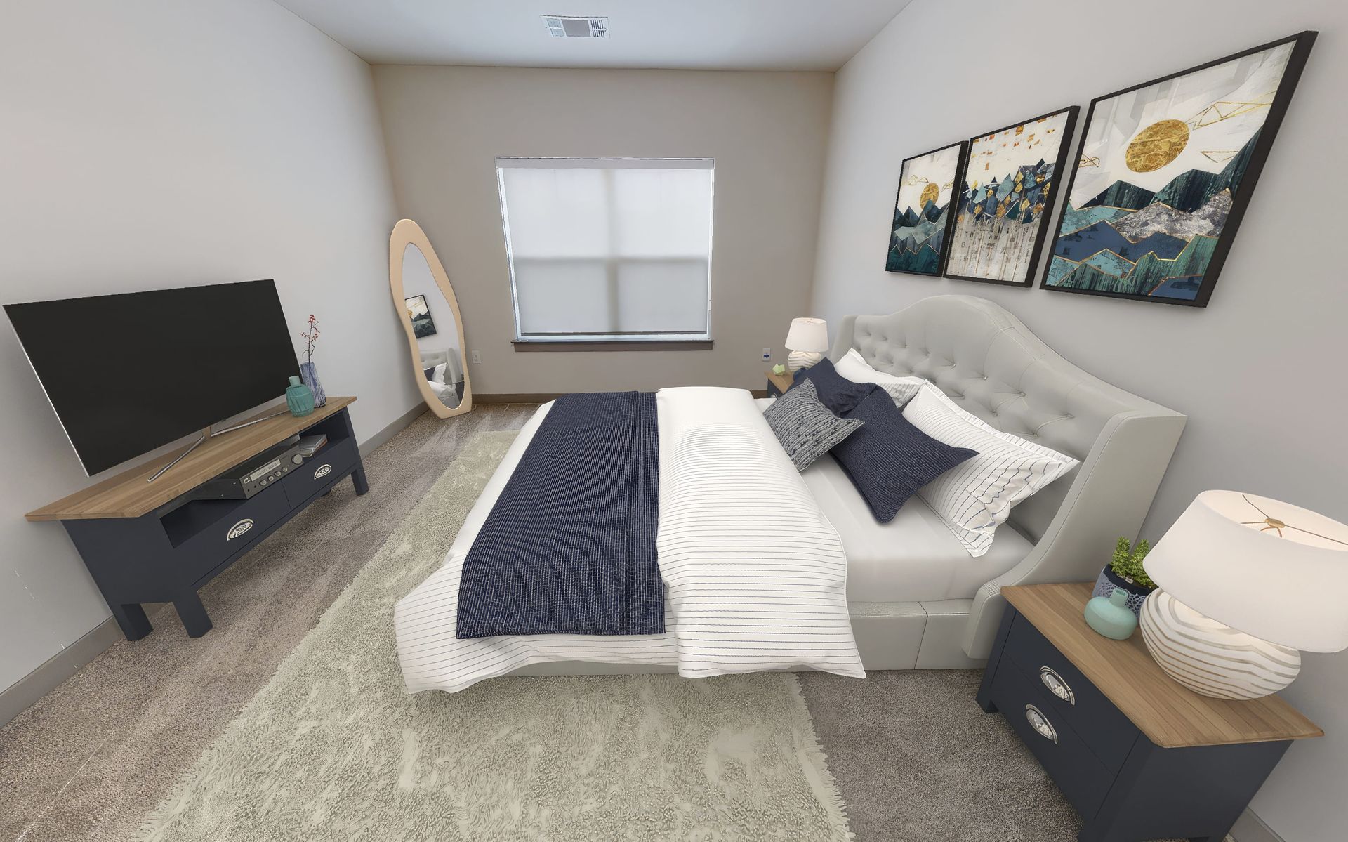 A bedroom with a bed , nightstand , television and surfboard.