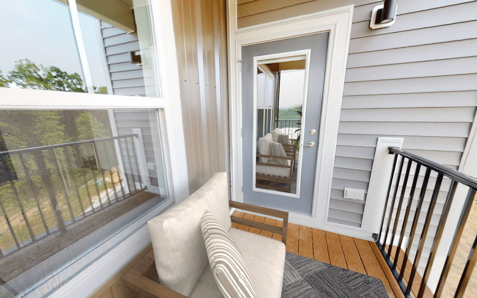 A 3d model of a porch with a chair and a window.