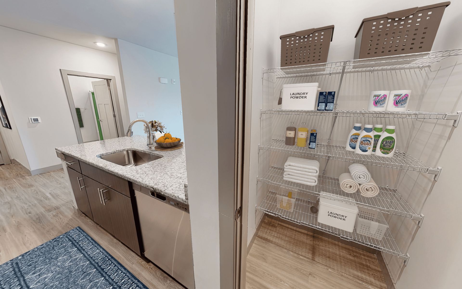 A 3d model of a kitchen with a pantry and a sink.