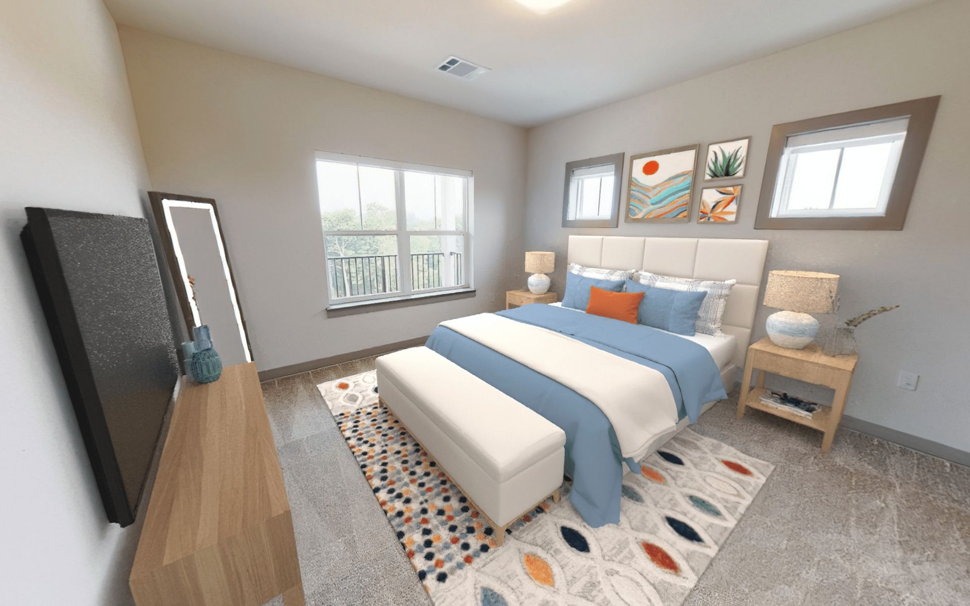 A bedroom with a bed , dresser , mirror and television.