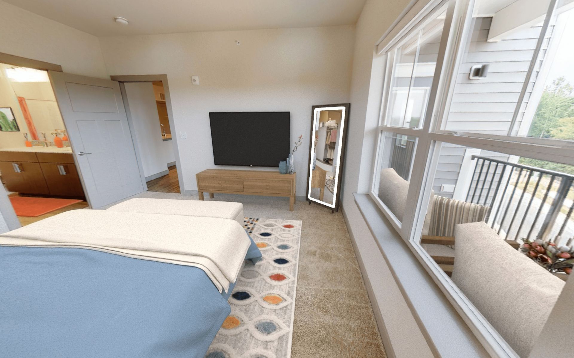 A bedroom with two beds , a television , a mirror and a balcony.