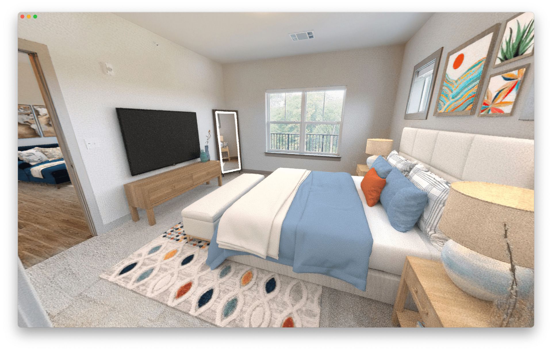 A bedroom with a bed , television , nightstand and rug.