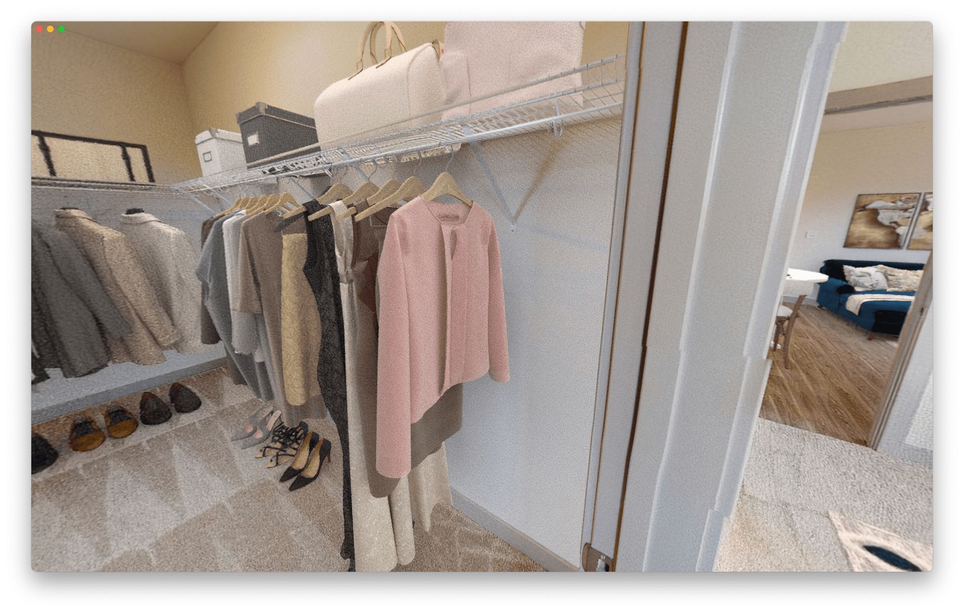 A walk in closet with a pink jacket hanging on a rack.