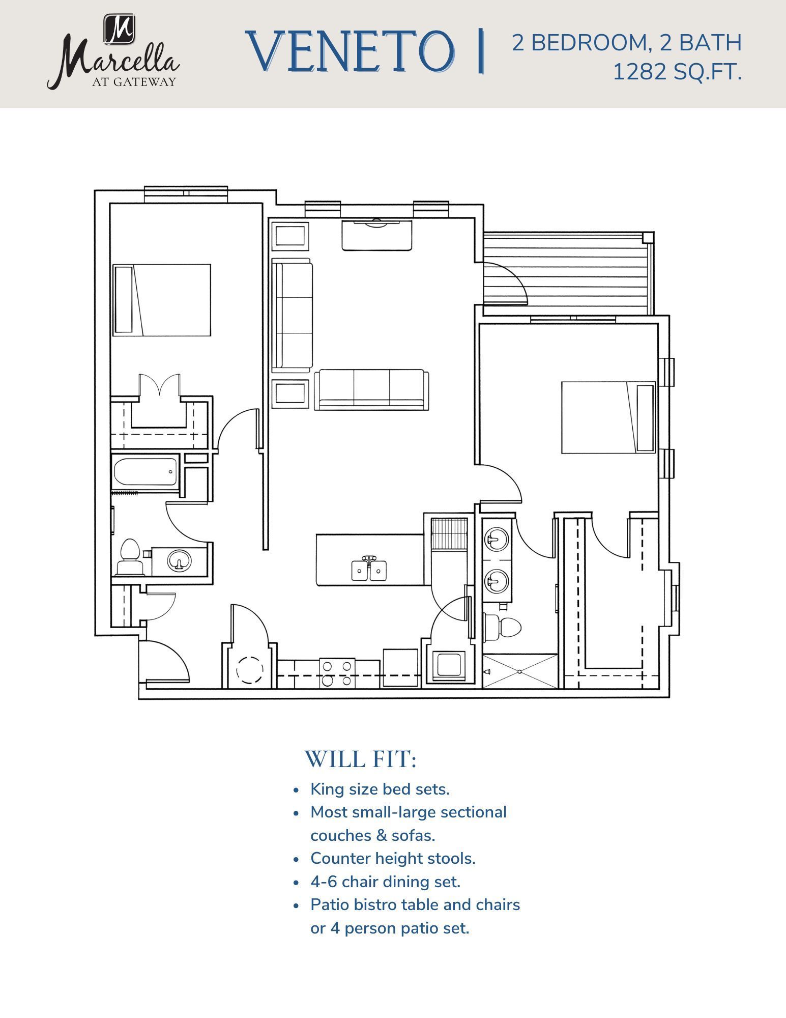 Veneto 2 bedroom 2 bath 2D floor plan at Marcella at Gateway Apartments in Richmond, VA