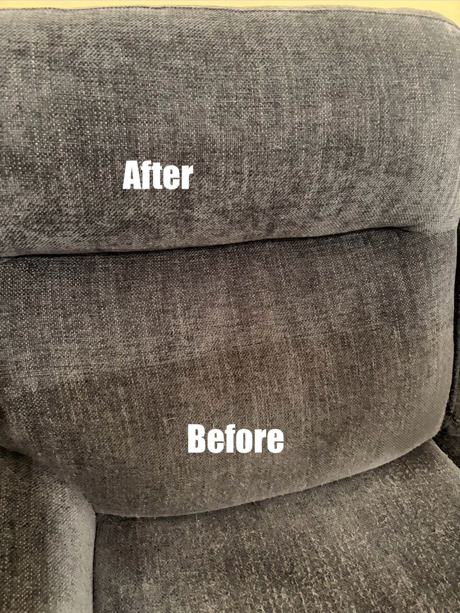 Close-up of gray textured couch fabric labeled “After” above and “Before” below.