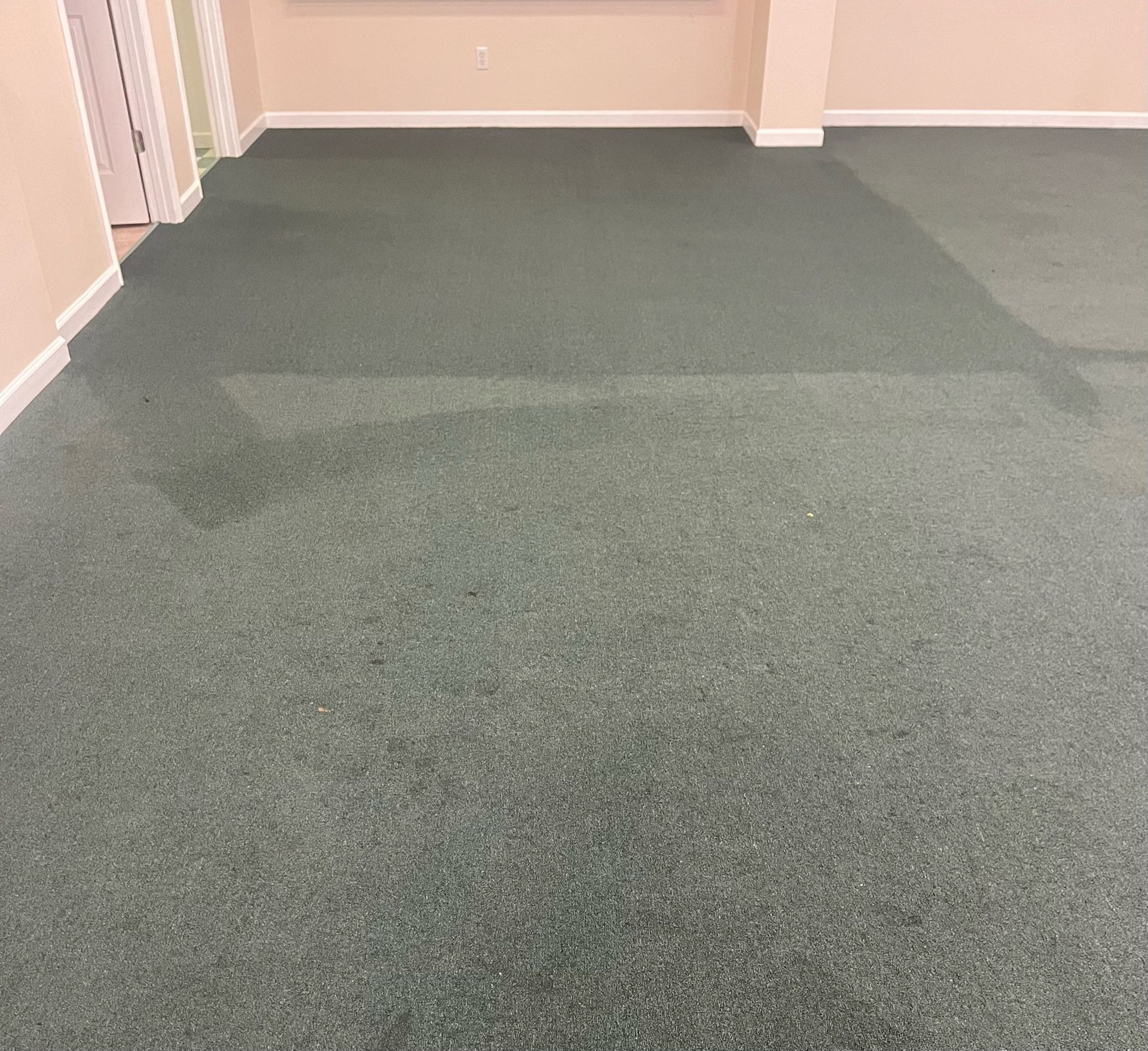Empty hallway with green carpet and beige walls