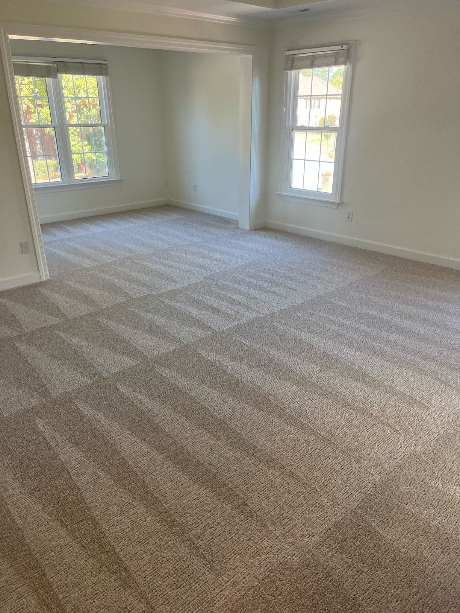 Empty carpeted room with white walls and two windows letting in daylight.