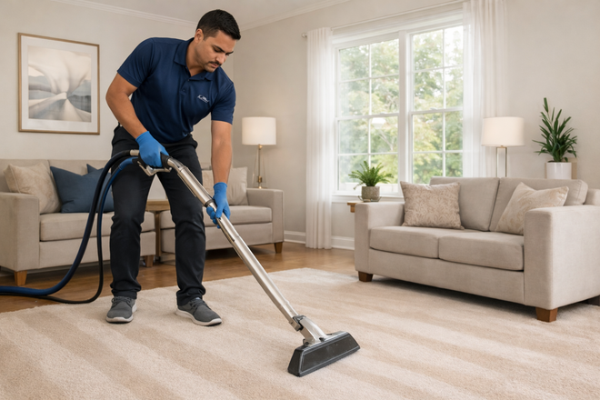 Man vacuuming a beige carpet in a bright living room with a sofa and large windows