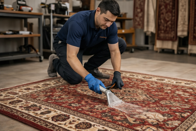 Worker vacuuming a red patterned rug in a workshop or rug-cleaning shop