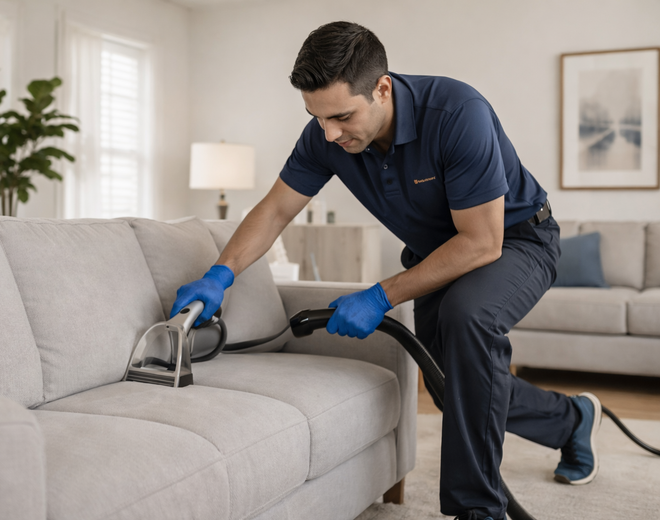 Technician cleaning a beige sofa with a vacuum hose in a bright living room