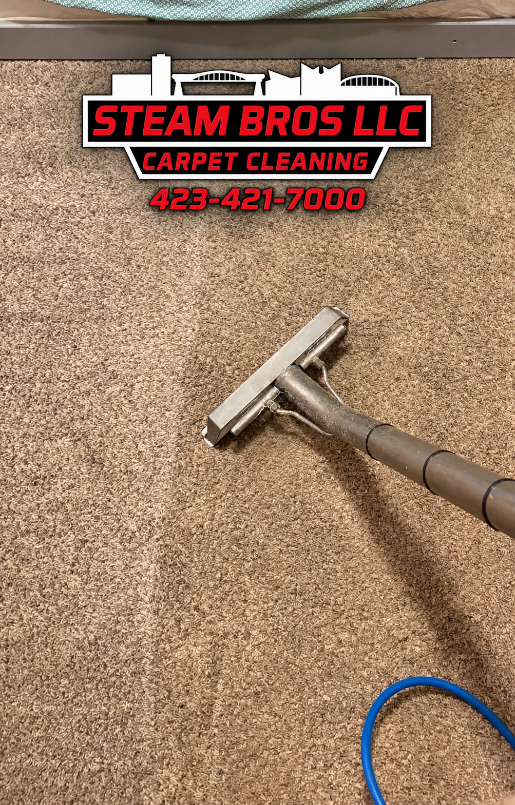 Steam Bros LLC carpet cleaning on tan carpet with a vacuum wand and hose visible