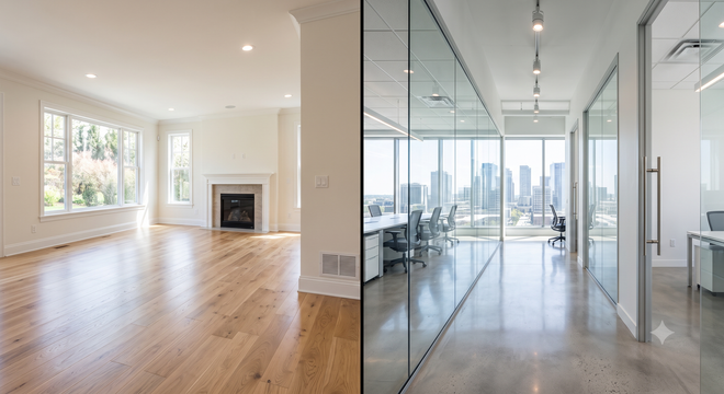 Bright modern interior with hardwood floors, fireplace, and a glass-walled hallway overlooking a city view