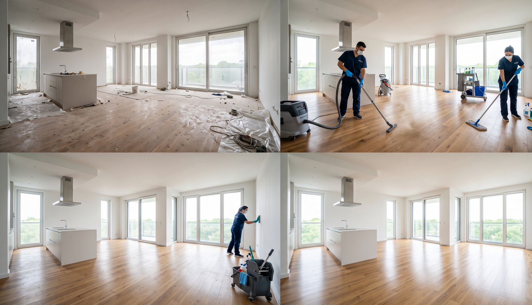 Four-panel renovation scene: messy room, worker mopping, then clean wood-floored living space with large windows