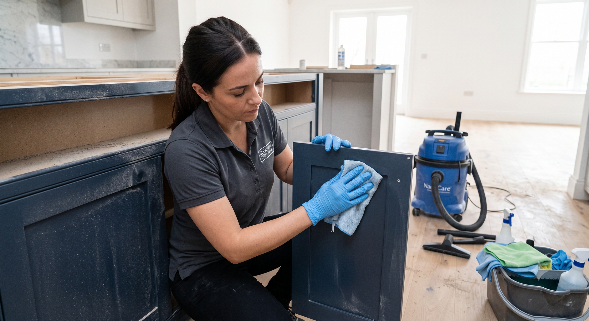 Person cleaning a dark blue cabinet with a cloth in a kitchen during renovation