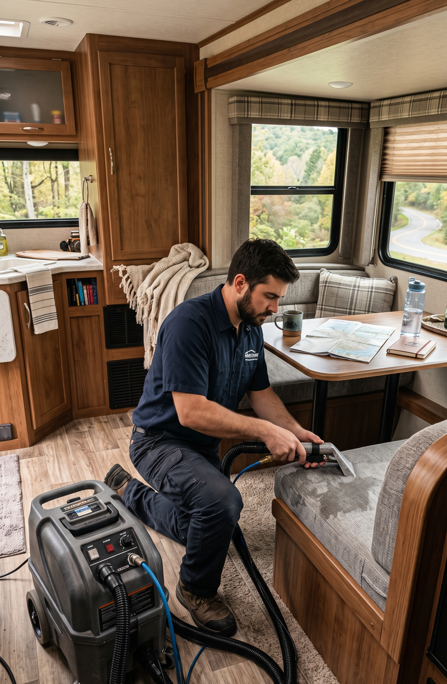 Man vacuuming a beige couch inside a camper with a vacuum hose and cleaner at his side.