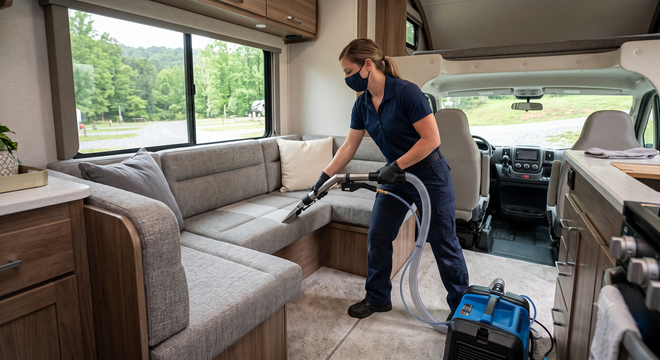 Person vacuuming a beige RV interior with sofa, kitchen, and bunk beds visible