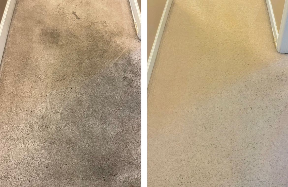 Before-and-after carpet: stained dark on left, clean beige on right.