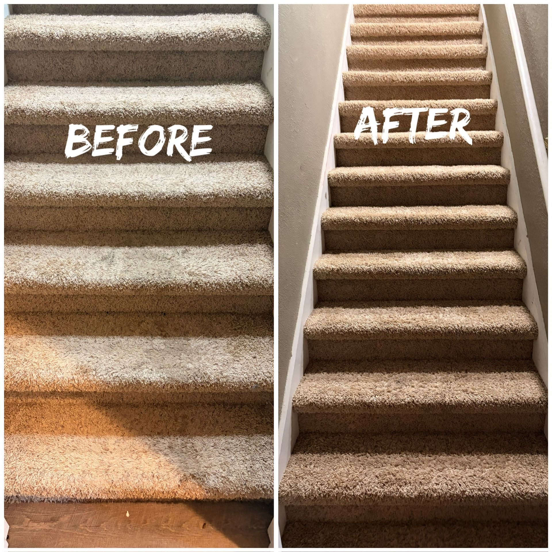 Before-and-after carpeted stairs: worn, dirty steps on left; cleaned, uniform brown steps on right.