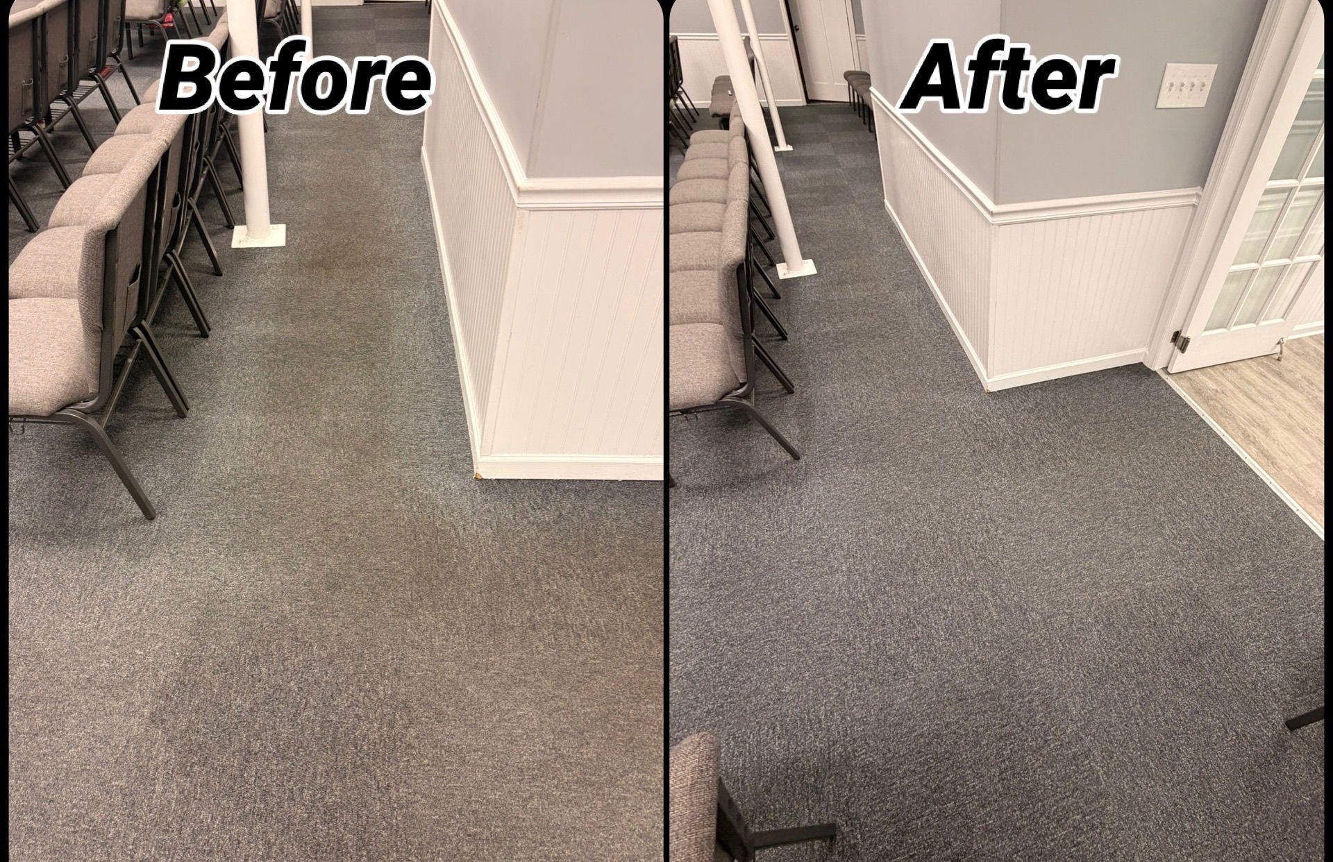 Before-and-after view of a gray carpeted floor by a white wall and chair railing, showing a cleaned section.