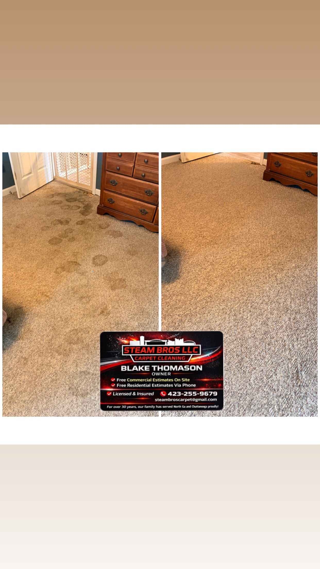 Before-and-after carpet cleaning showing a dirty beige carpet beside a cleaner one, with a small service ad overlay.