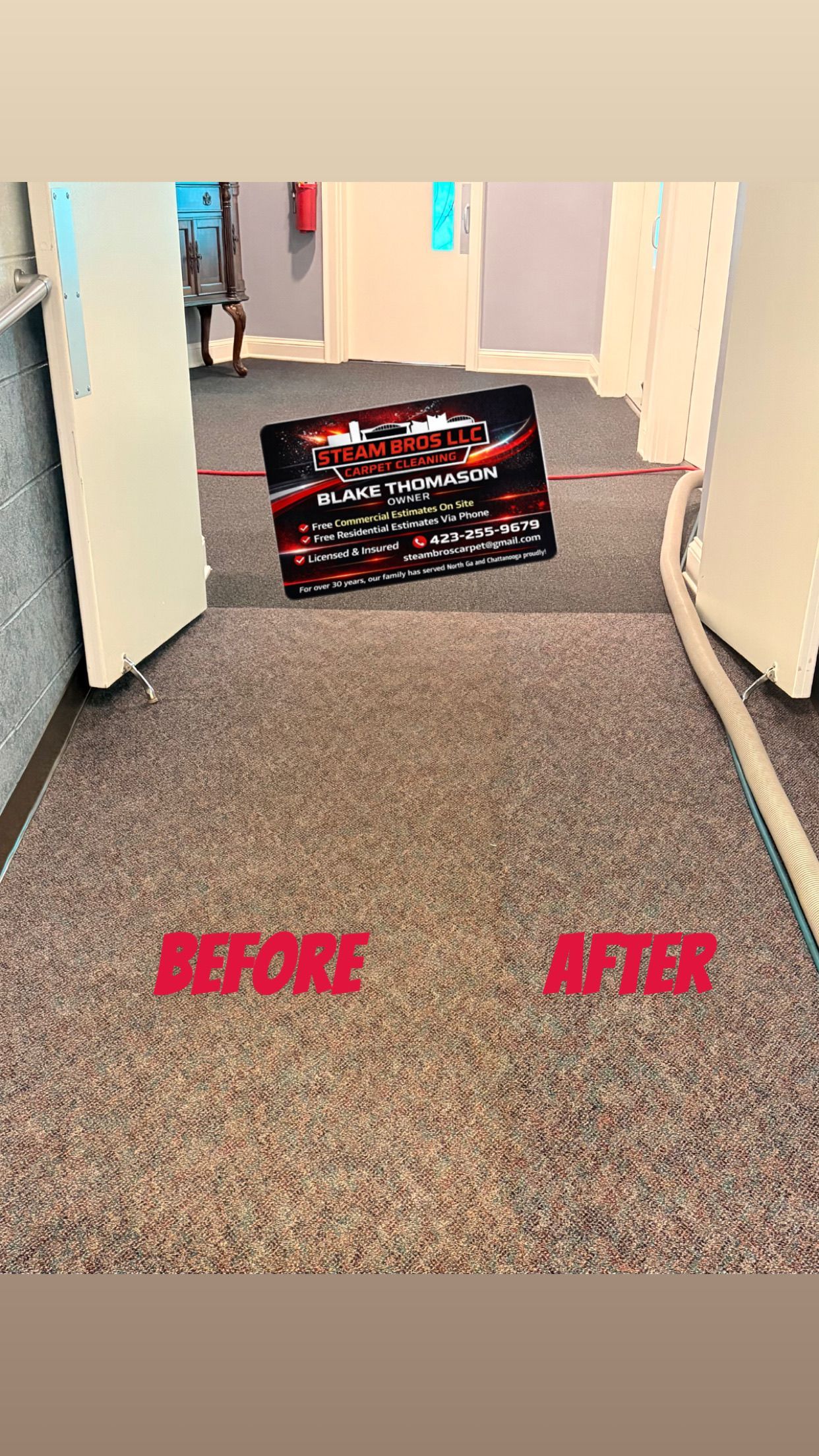 Hallway carpet before-and-after comparison, with a black plastic crate centered on the floor.