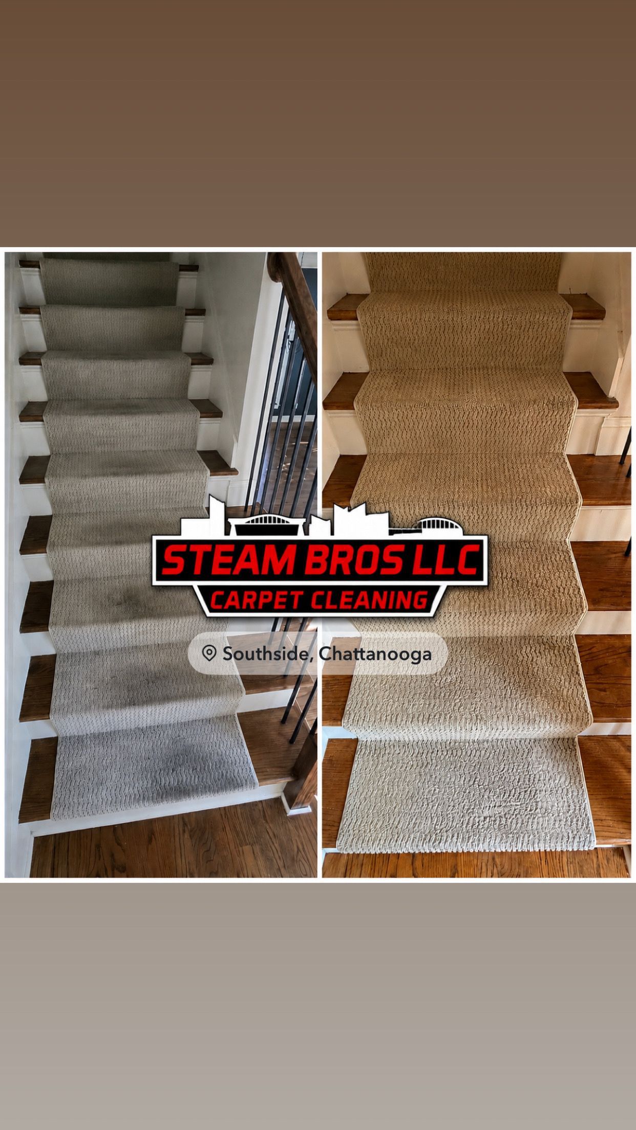 Before-and-after carpet cleaning on a staircase, showing dirty gray stairs transformed to clean beige stairs.