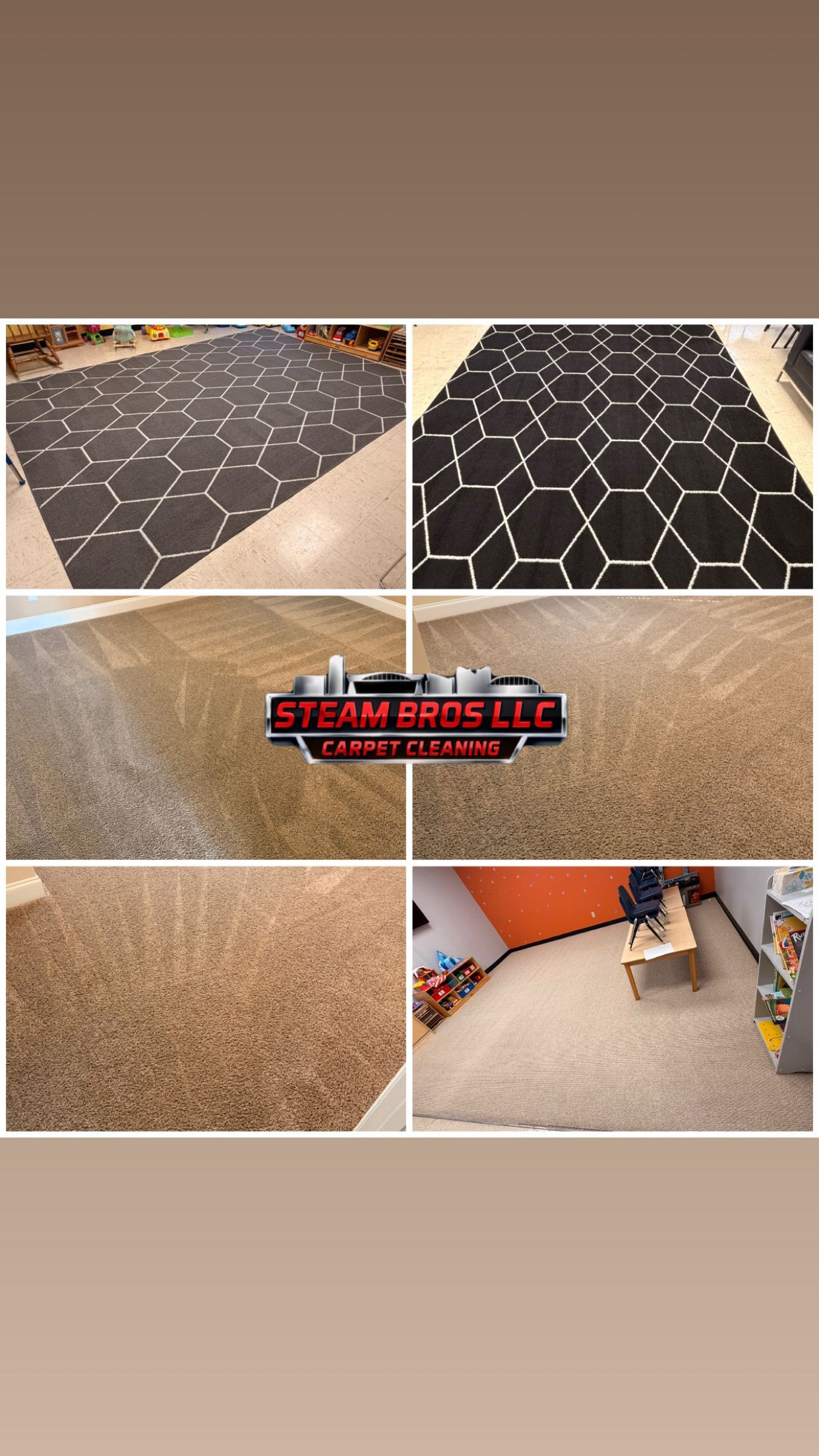Collage of carpet and rug flooring samples in dark and beige patterns inside a room.