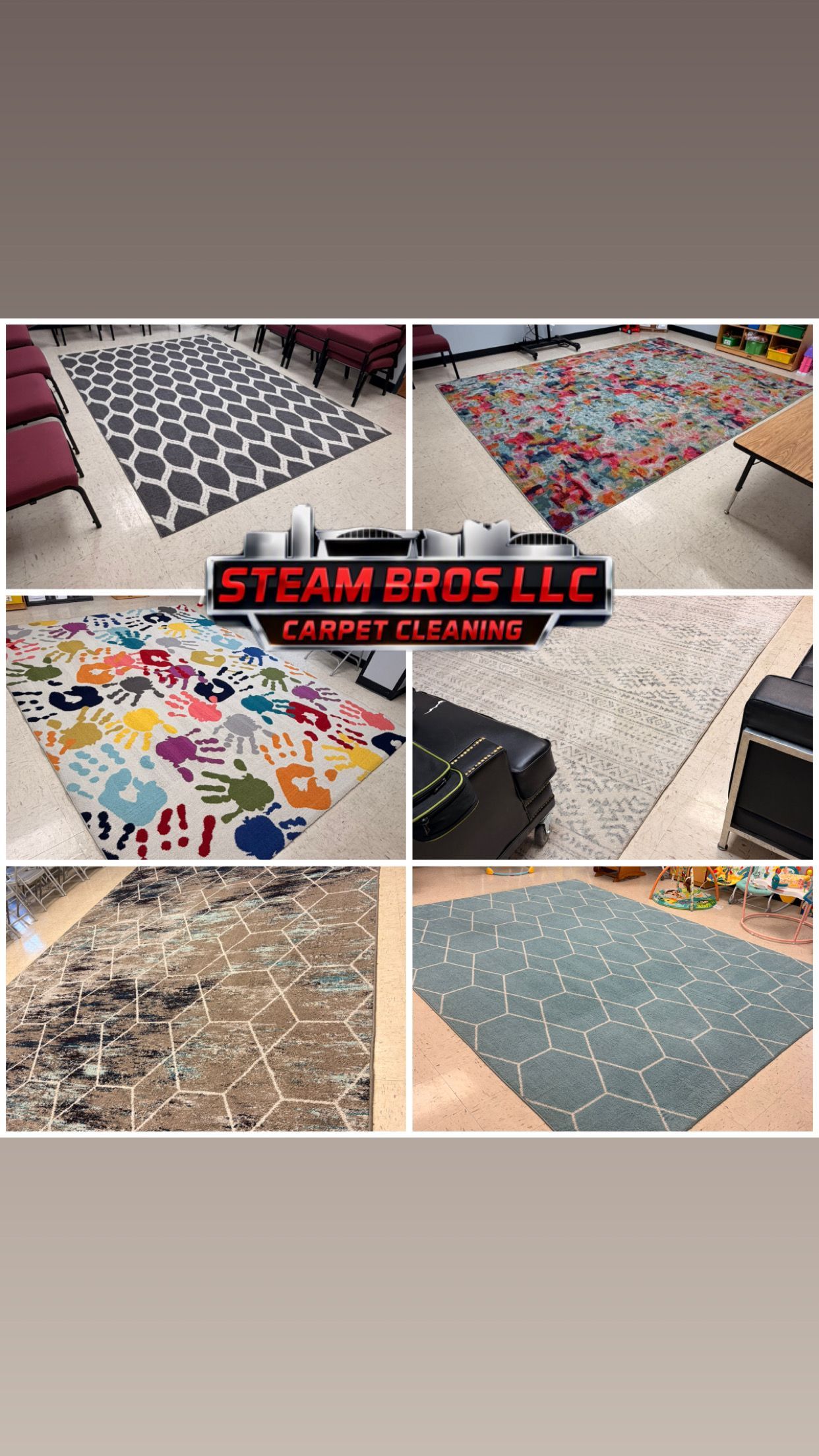 Collage of patterned and logo-printed mats in red, blue, and tan from Steam Bros LLC carpeting company