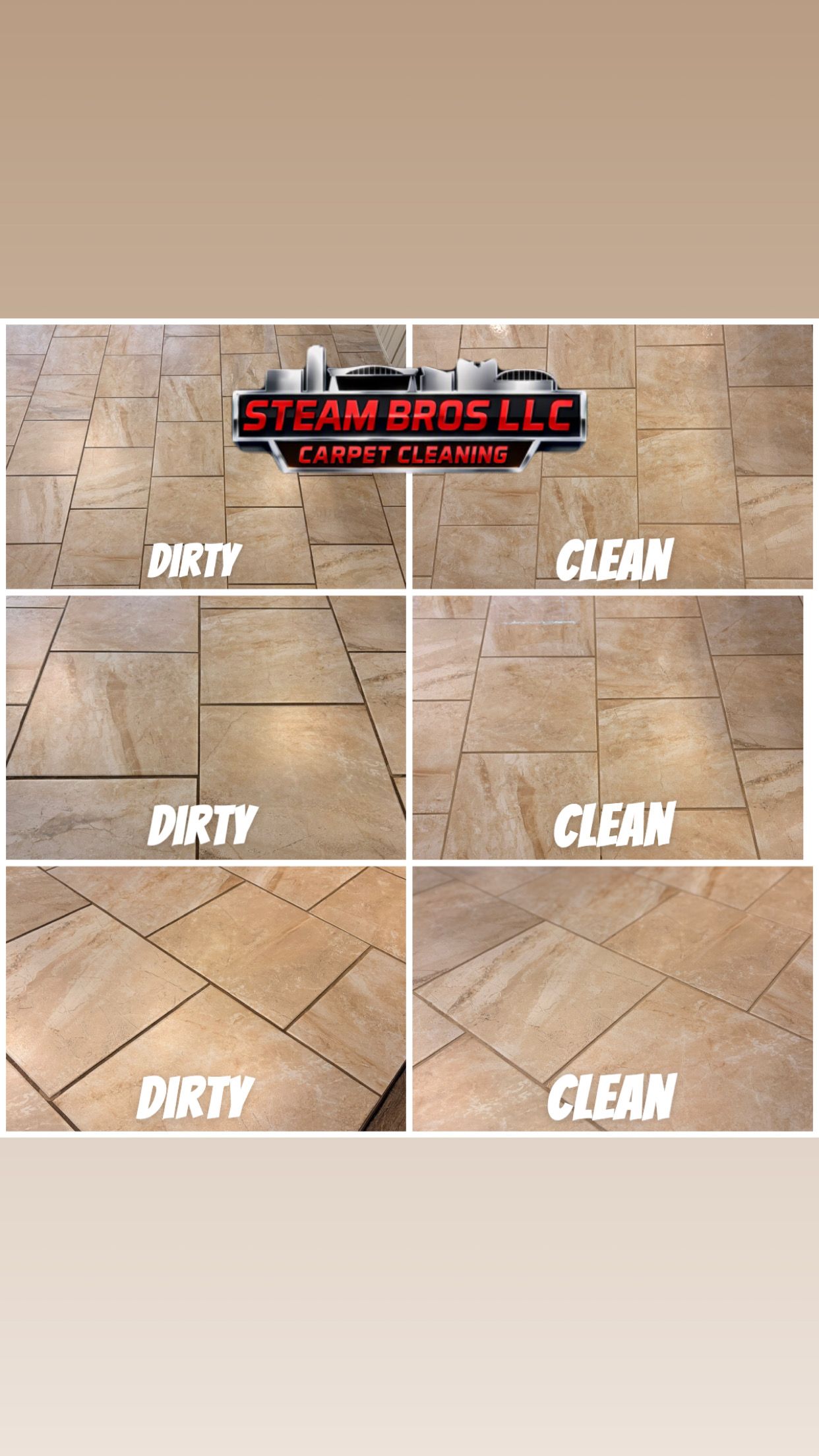 Steam Boss LLC floor cleaning before-and-after collage showing dirty and clean tile surfaces