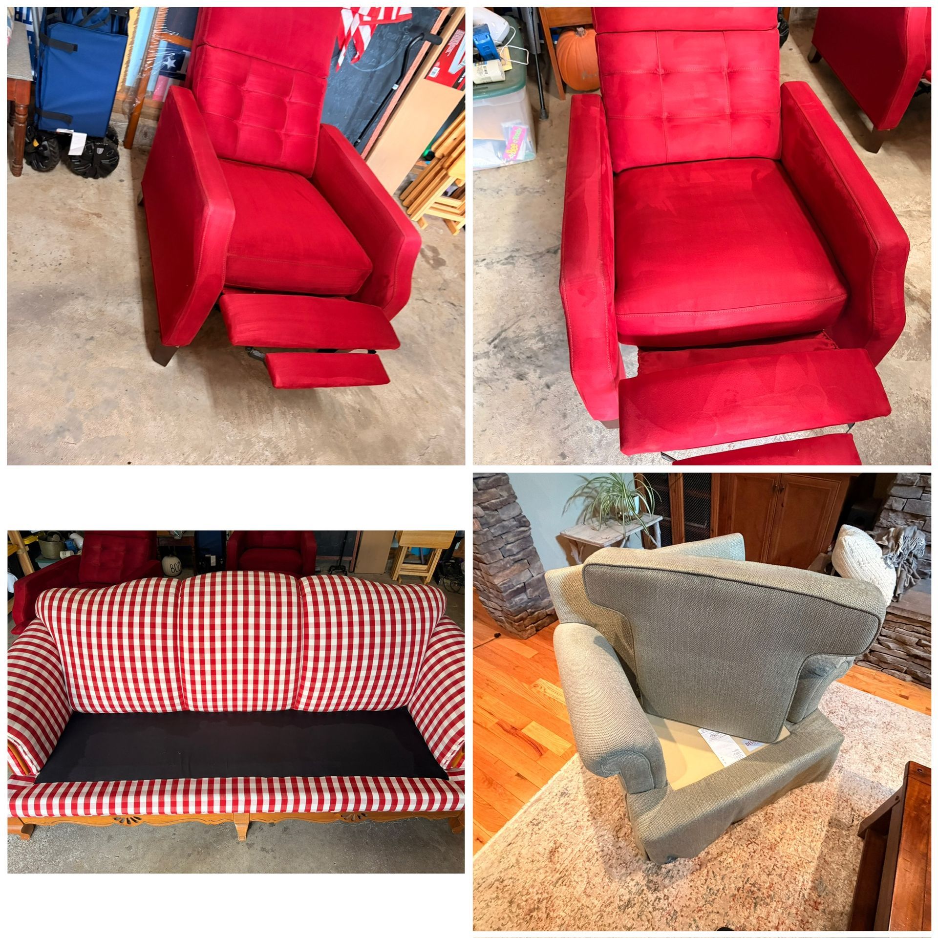 Collage of four upholstered chairs and a striped couch in red, gray, and plaid fabrics, shown from different angles