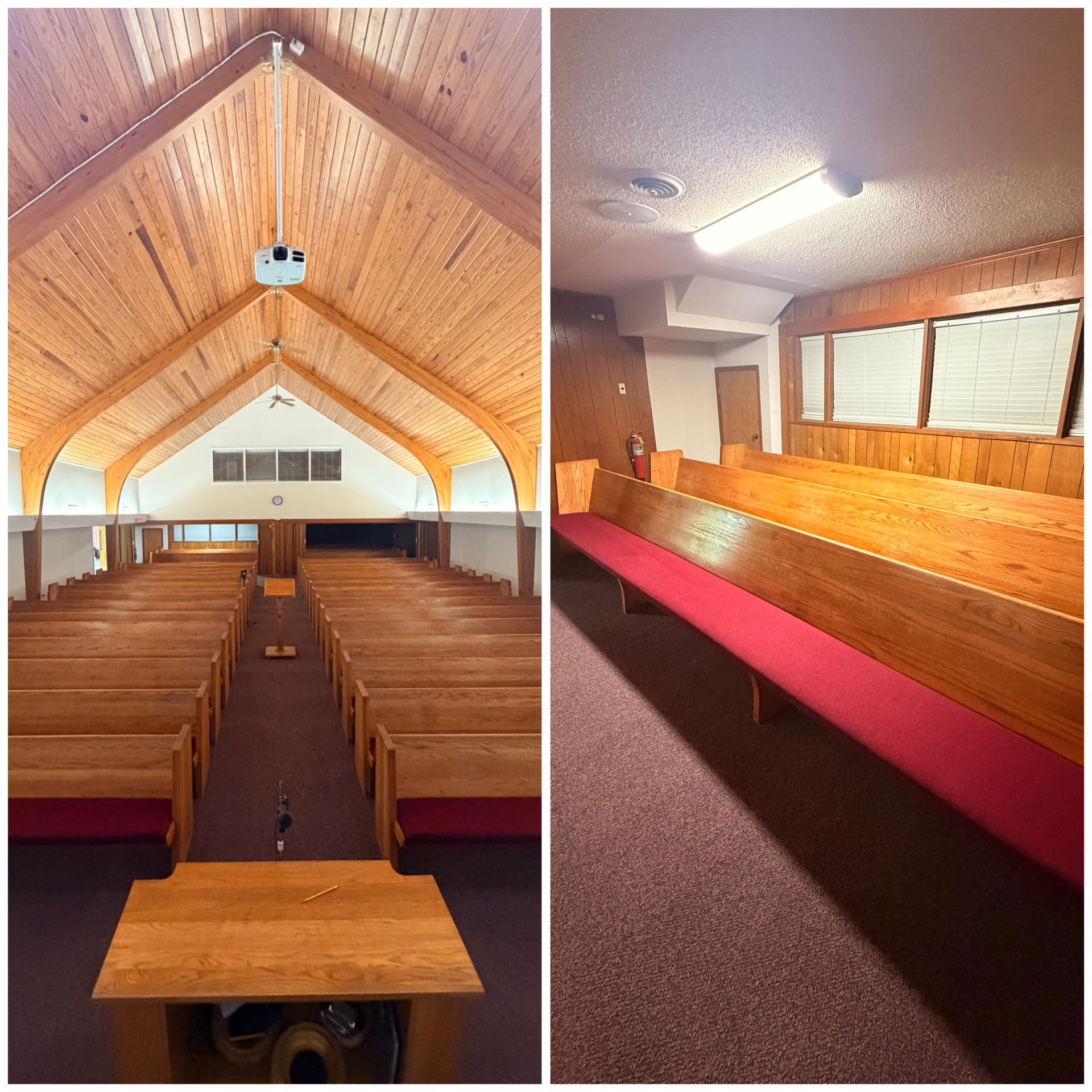 Wood-paneled chapel interior with rows of pews facing the front and a red bench along the side.