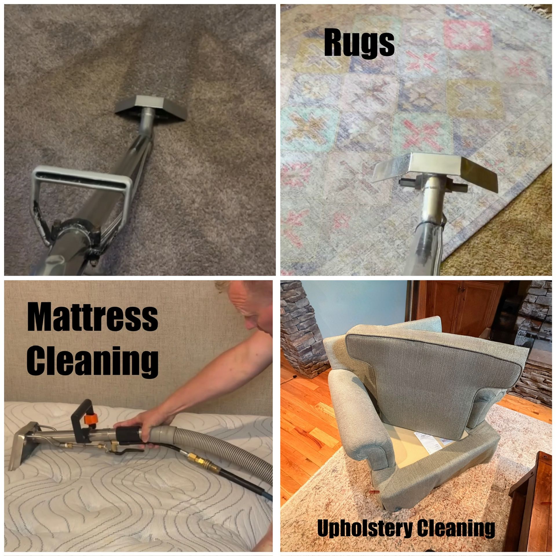 Collage of carpet cleaning tools cleaning rugs, a mattress, and upholstery in a home setting