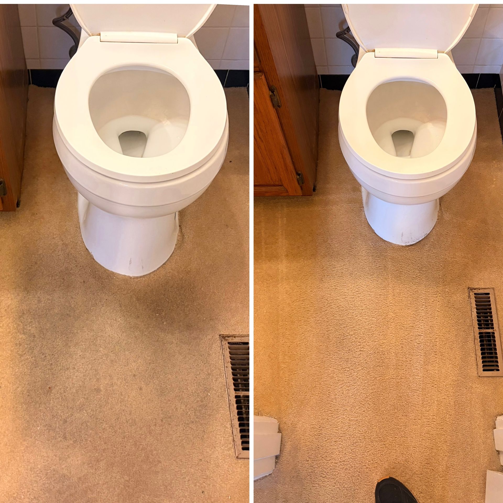 Before and after view of a toilet in a tan bathroom, showing a stained floor and floor vent.