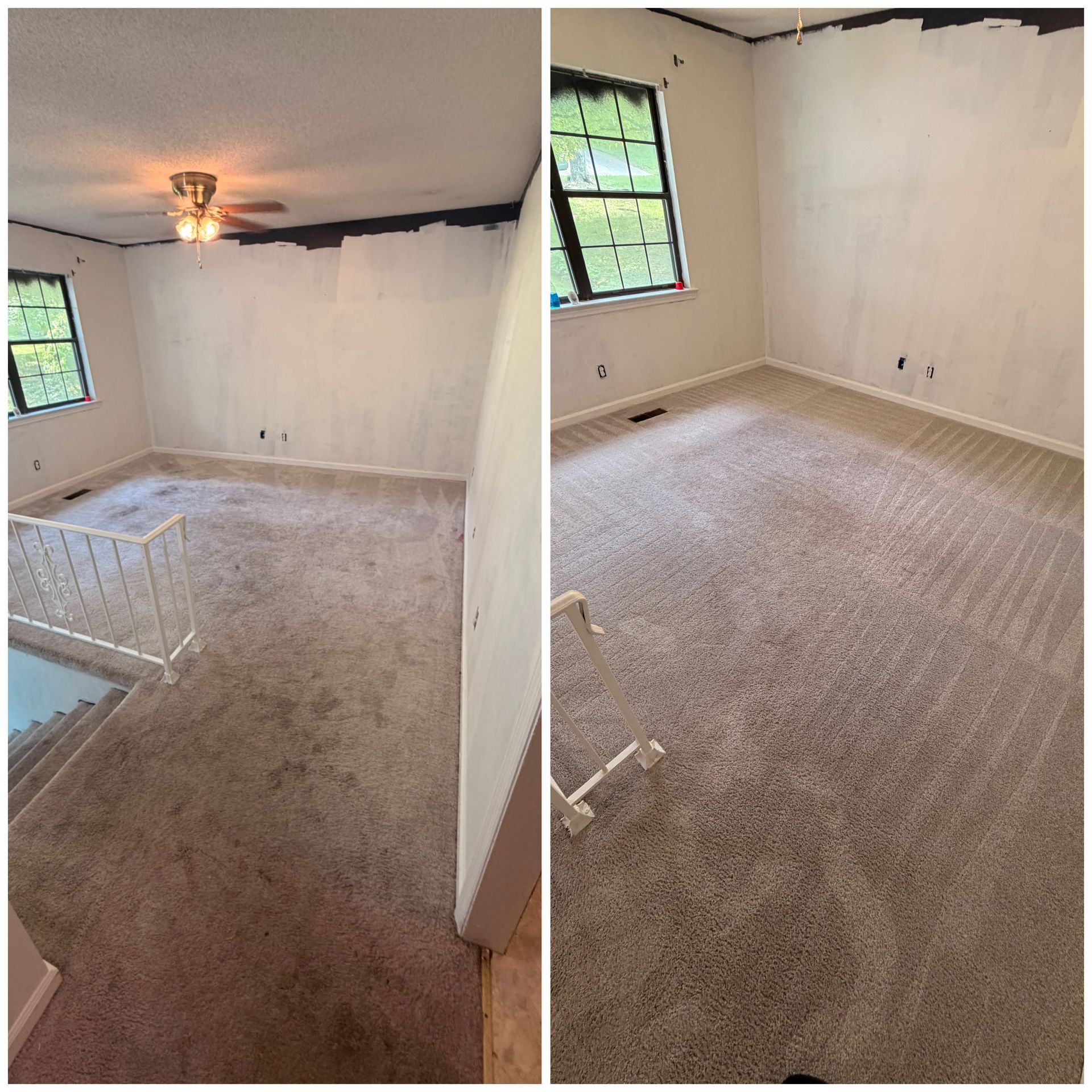 Empty bedroom with beige carpet, off-white walls, window, and ceiling fan; ceiling trim appears damaged.