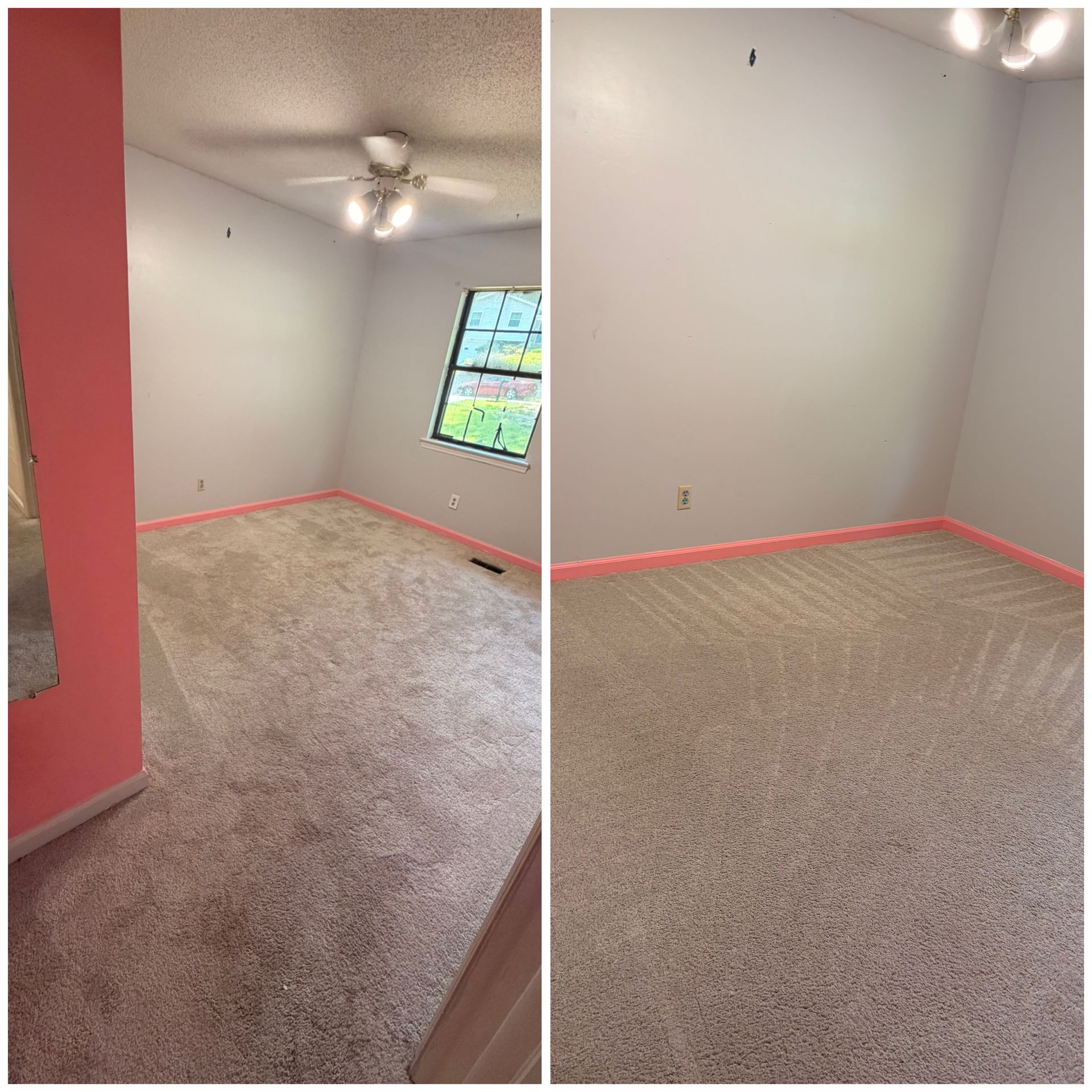 Empty beige carpeted room with white walls, ceiling fan, and a small window.