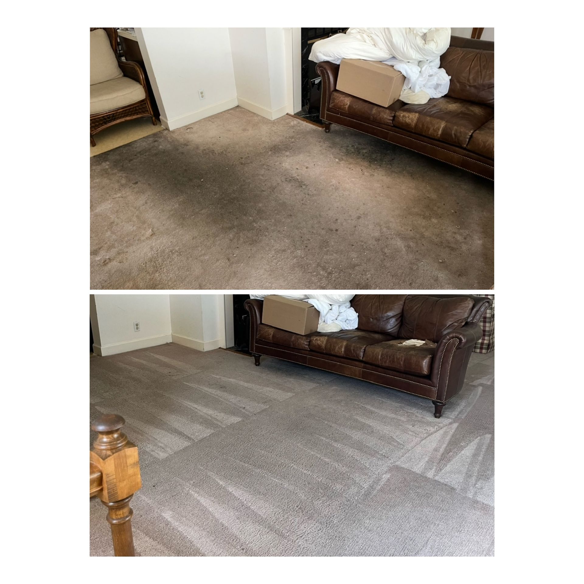 Before-and-after view of a living room carpet, showing stained brown carpet replaced with clean light gray carpet.