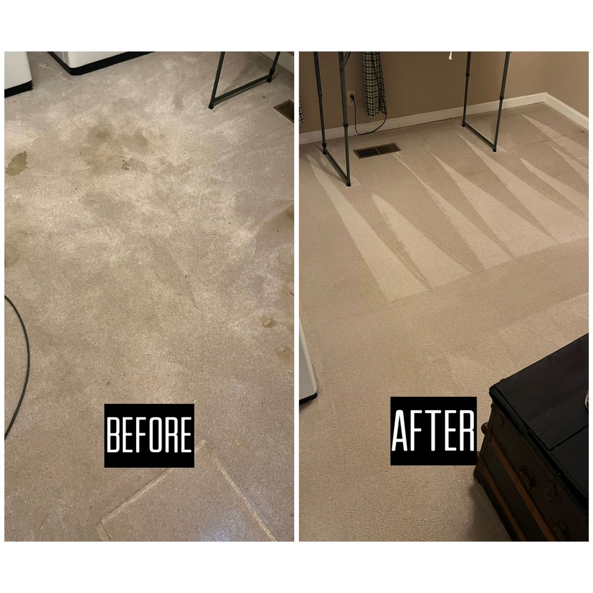 Before-and-after of a carpet cleaning: stained beige carpet on left, clean carpet with vacuum lines on right.