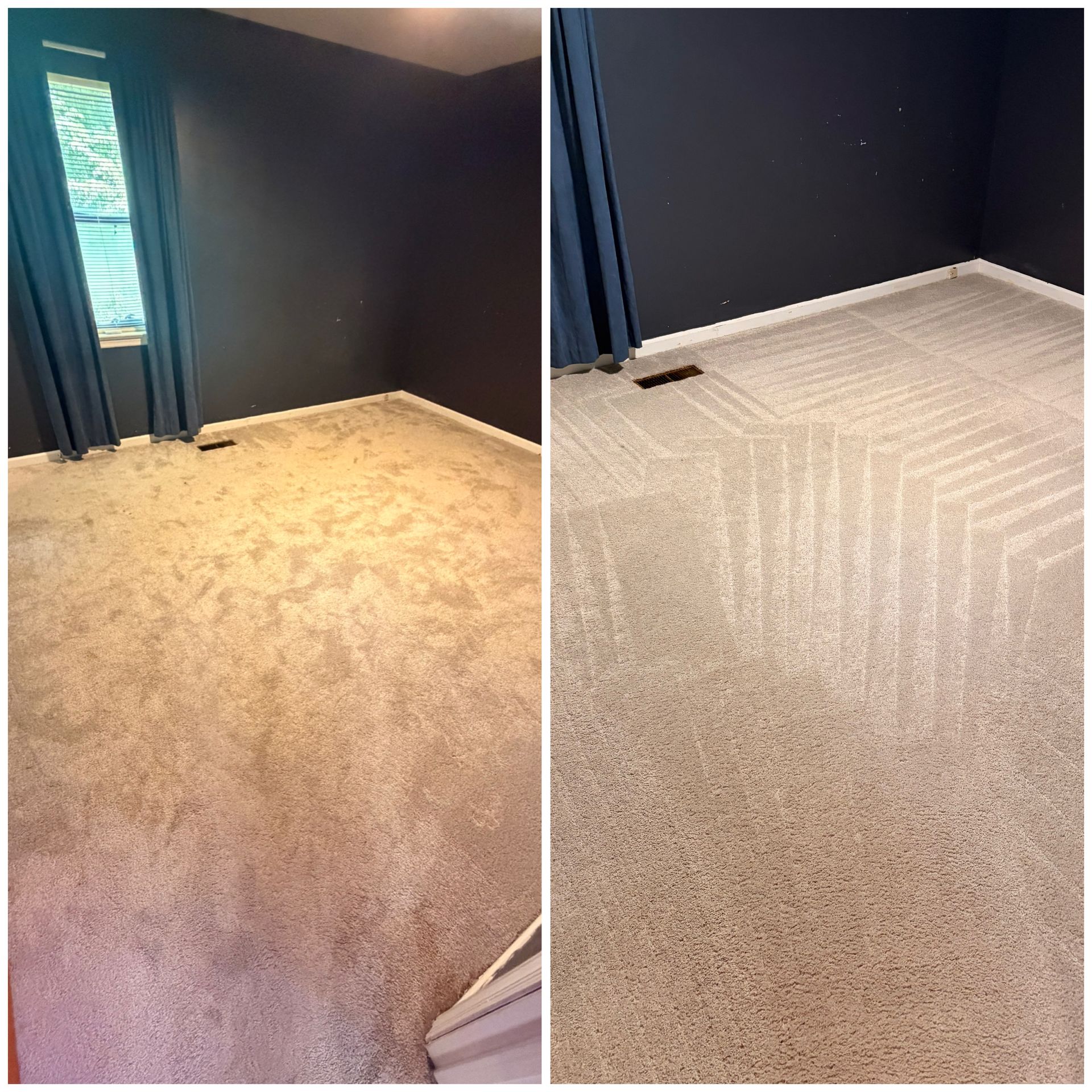 Empty carpeted room with dark blue walls and a window; side-by-side before-and-after floor views.