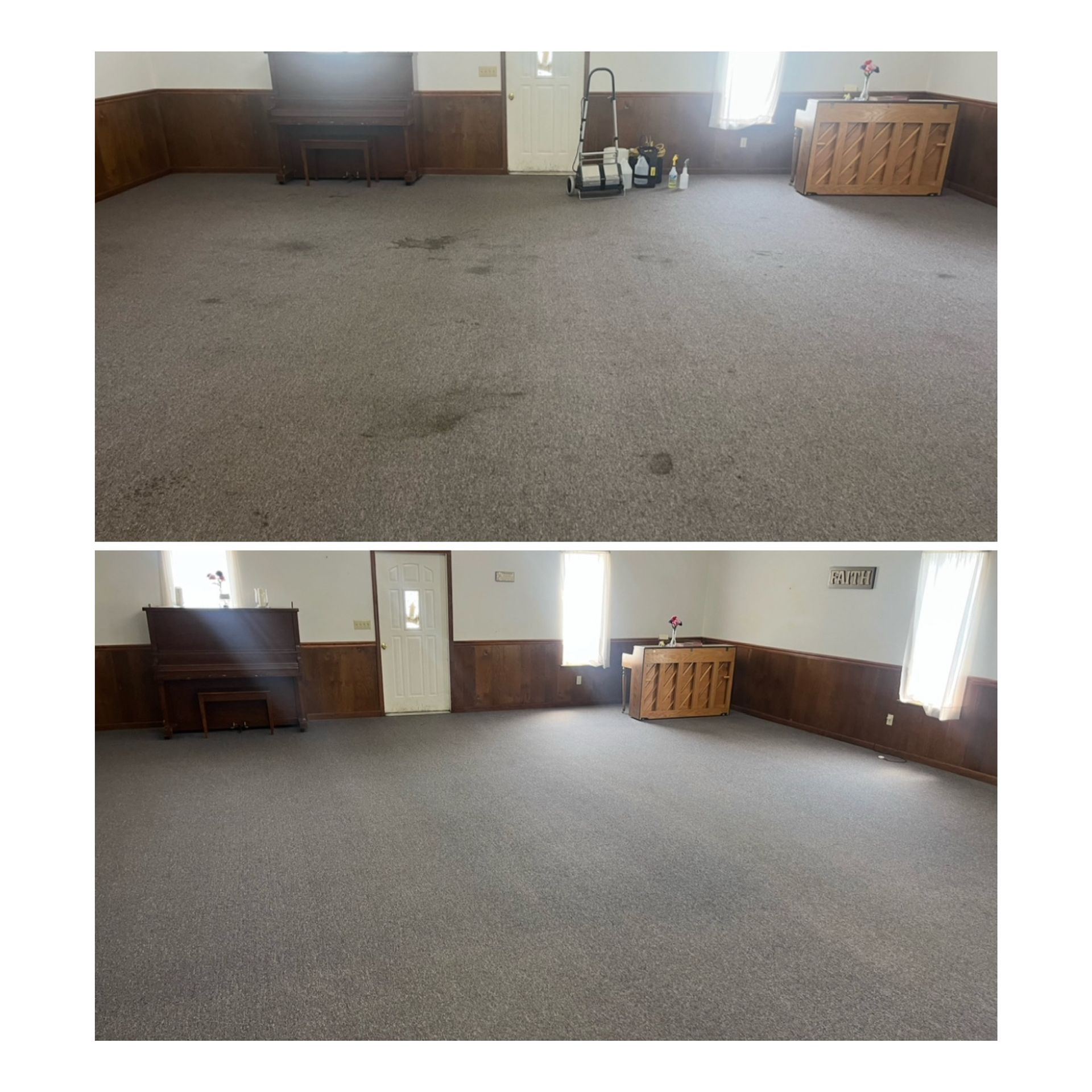 Empty carpeted room with wood-paneled walls, windows, and a piano and cabinet along the back wall.