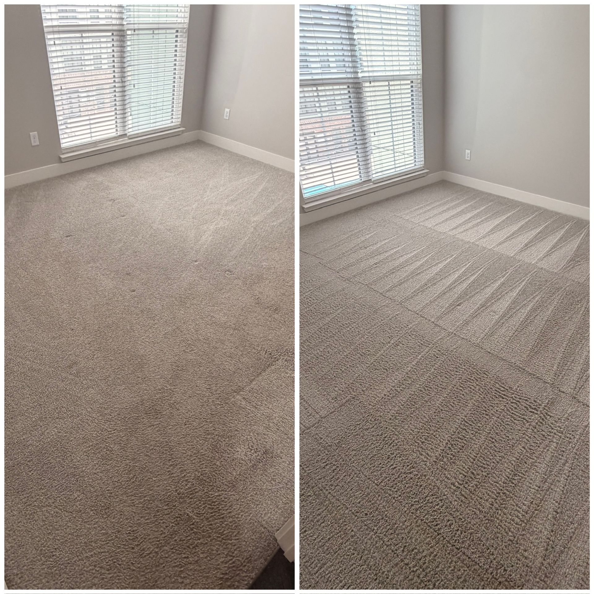 Empty carpeted room with window, showing before-and-after carpet cleaning on two sides