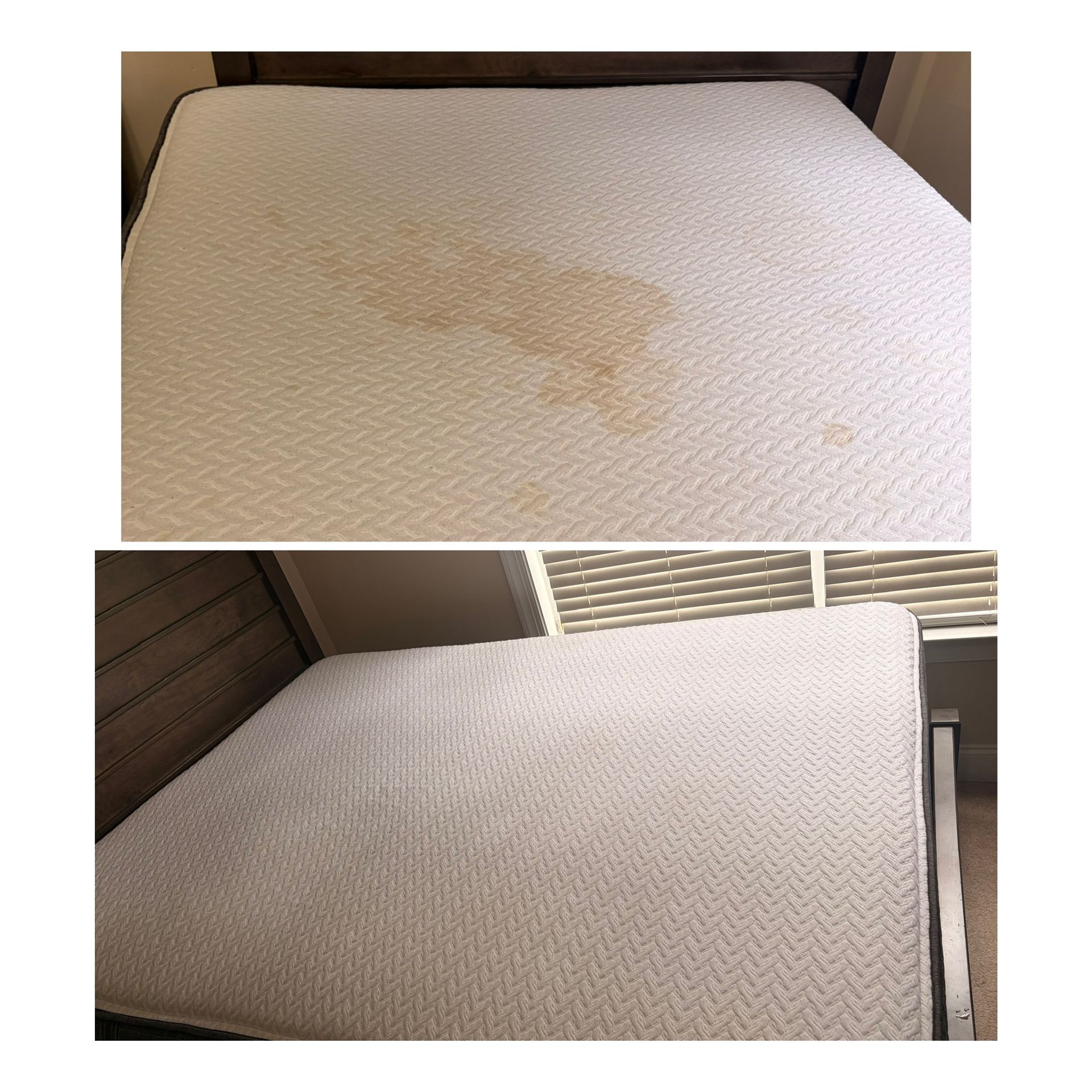 Stained white mattress in a bedroom, shown from two angles.
